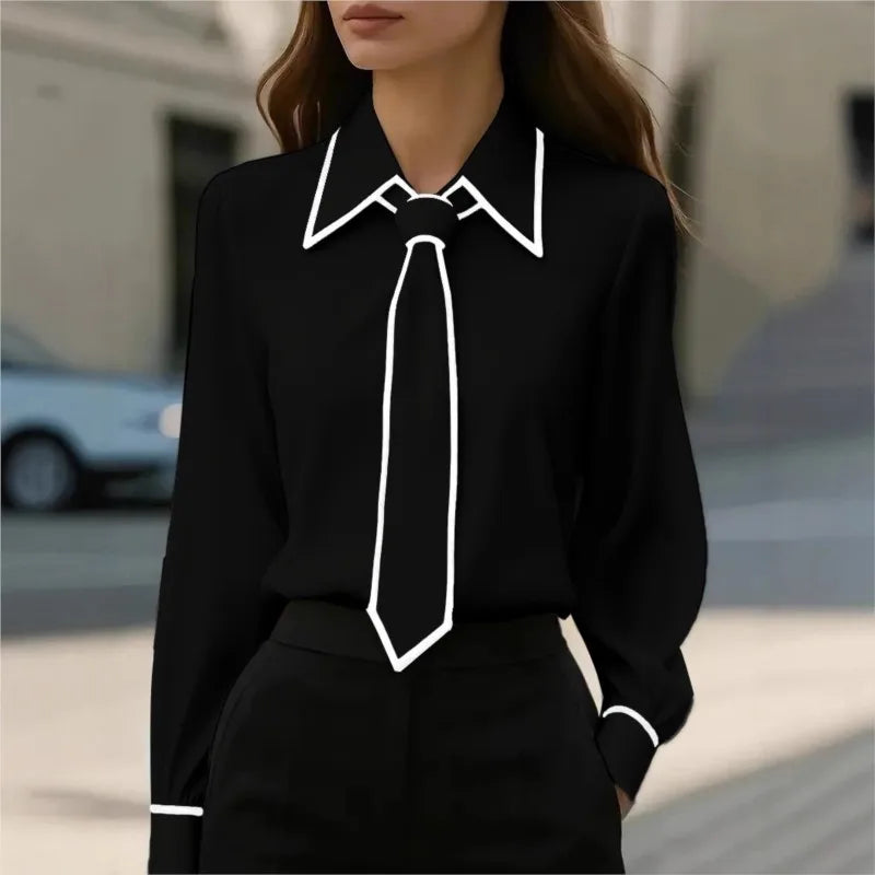 Women's Blouse Fashion Shirt Formal Bow Tie Long-sleeve Contrasting Trim Tops Slim-fit Workwear Elegant Office Lady Shirts Women