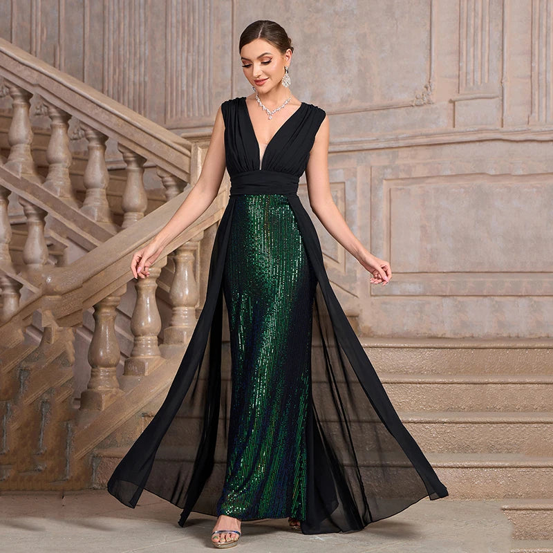 Summer Luxury Banquet Party Dresses for Women Fashion Sexy Deep V Neck Sleeveless Splicing Sequin High Waist Slim Long Dress