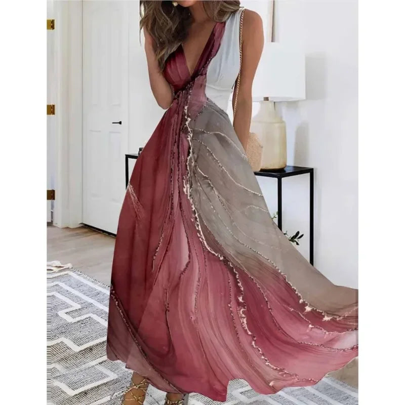 Summer Women Dress Fashion Sexy V-Neck Sleeveless Higt Waist Long Dresses Elegant Office Printing Holiday Party Dress Vestidos