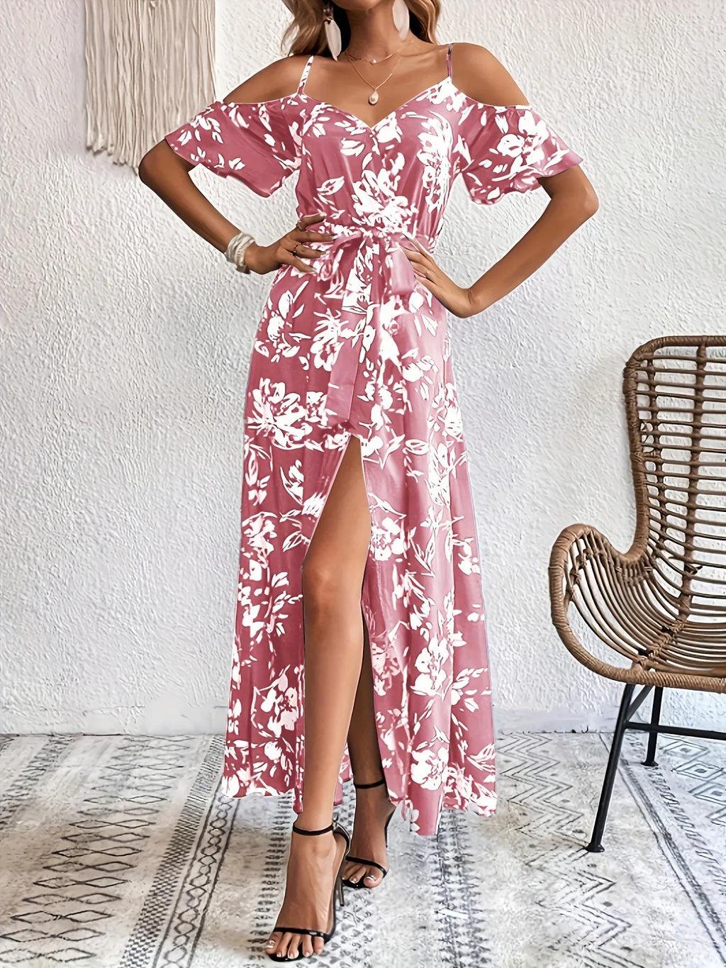 Summer Women's Clothing V Neck Floral Print Casual Wear Elegant Party Dress For Woman Polyester Maxi Slip With Elastic Waist