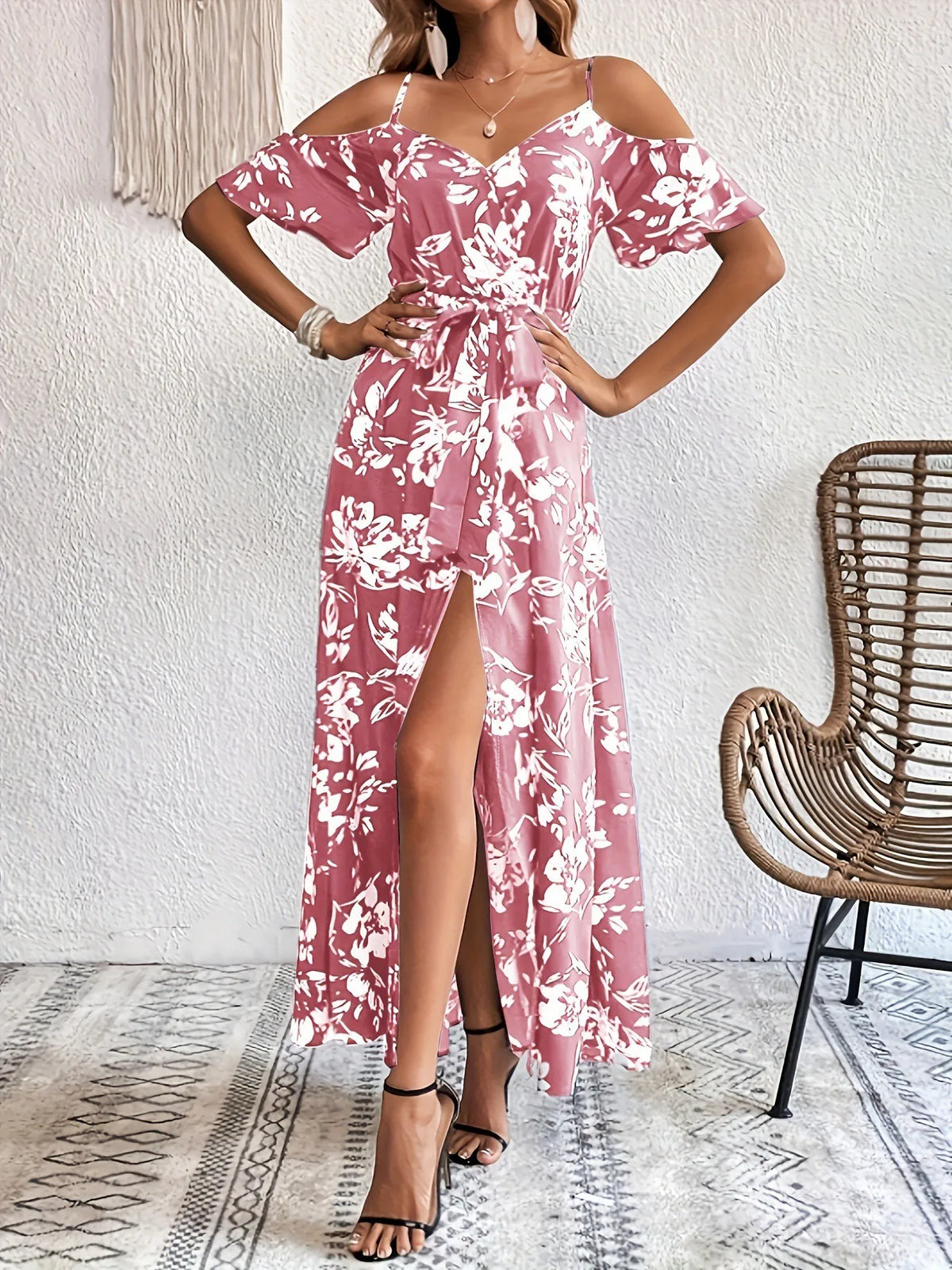 Summer Women's Clothing V Neck Floral Print Casual Wear Elegant Party Dress For Woman Polyester Maxi Slip With Elastic Waist