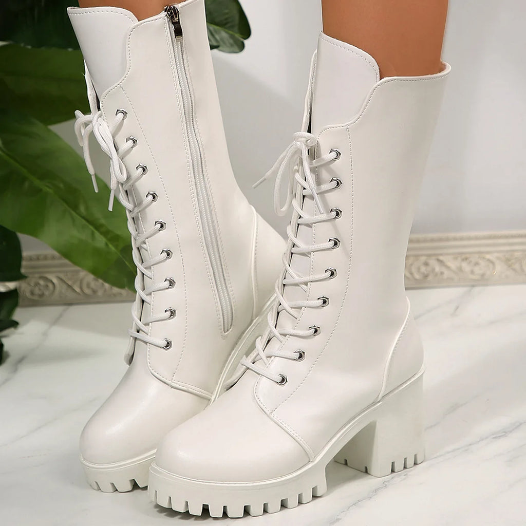 Comemore White Women's Boots New High Heels Lace-up Mid-calf Boots Fashion Platform Shoes Round Head Women's Botas for Autumn