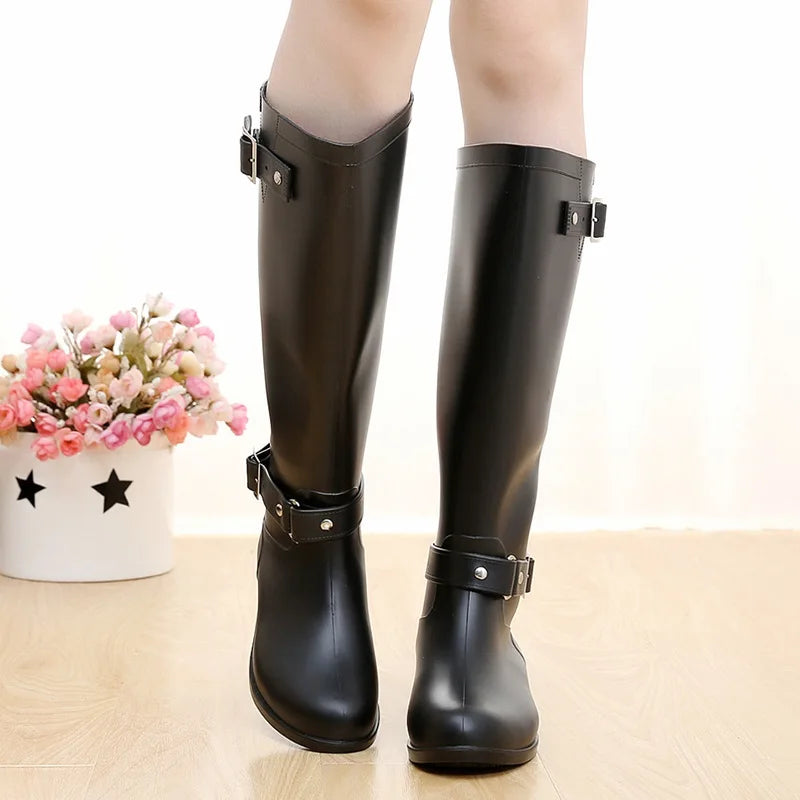 Rubber Boots for Women Waterproof Work Fashion Back Zipper Round Toe High Rain Boots Woman Water Shoes Botas De Caza Espanolas