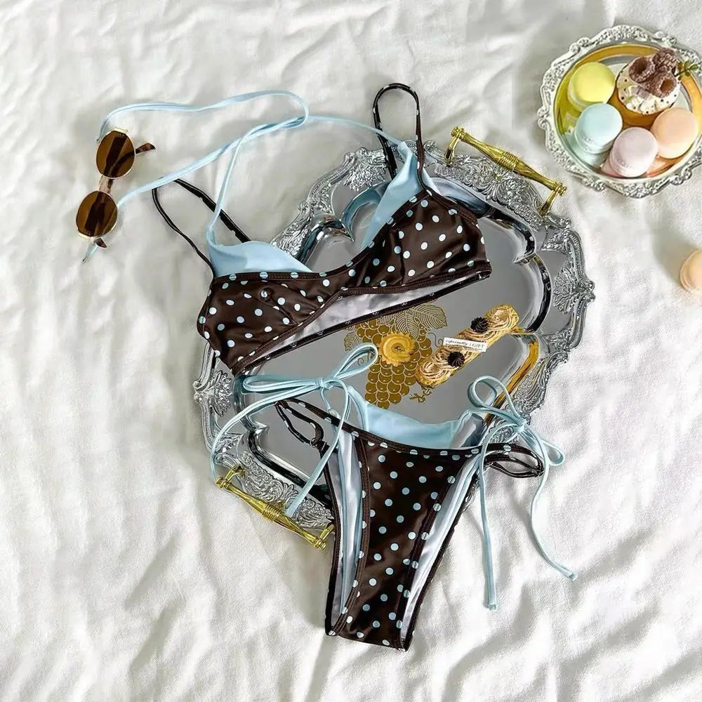 Bathing Suits Polka Dot Halter Bikini Set Deep V Low Waist Ladies' Swimwear Lace-up Patchwork Summer Beachwear Vacation