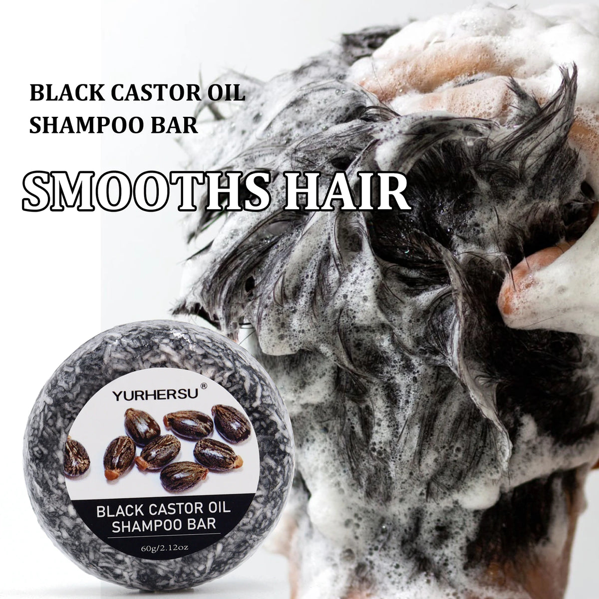 60g Black Castor Shampoo Bar 2-in-1 Shampoo and Conditioner, Made with Castor Extract, Nourishes and Cares for All Hair Types.