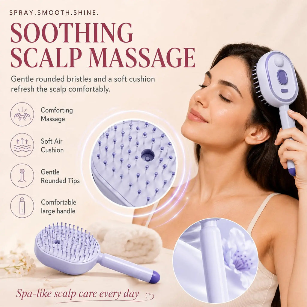 Electric Air Cushion Massage Spray Comb, Hair Brush With Water Spray, Self-Cleaning Anti-Tangle Anti-Static For Frizzy Hair