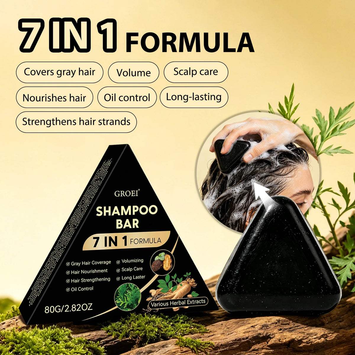80g Black Herbal Shampoo Bar 7 In 1 Natural Plant Extract Oil Control Nourish Scalp Hair Solid Shampoo Care