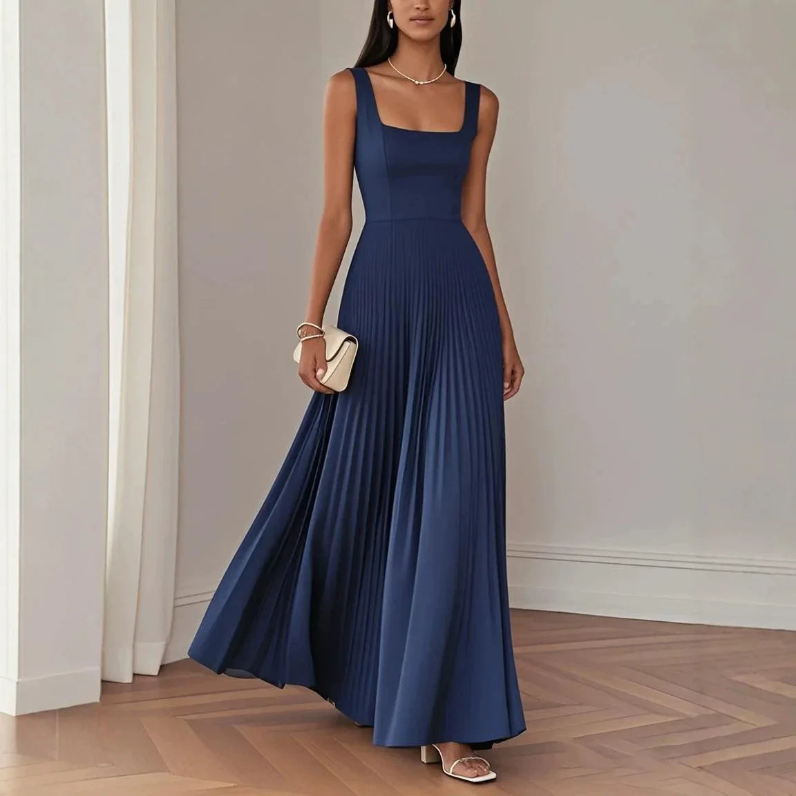 New Summer Evening Dress for Women French Retro Square Neck Spaghetti Strap Dress Vestidos De Fiesta