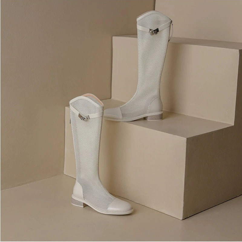 Female Summer Knee-high Mesh High Boots Women Breathable Mesh Knight Boots Thick Heel High Top Motorcycle Boots Botas Mujer