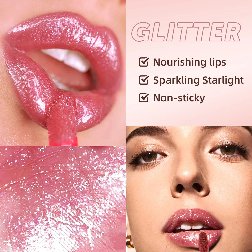 QIBEST Glitter Pearlescent Lipgloss Moisturizing Lasting Non-Stick Cup Shimmer Shiny Liquid Lipsticks Black Purple Lip Tint