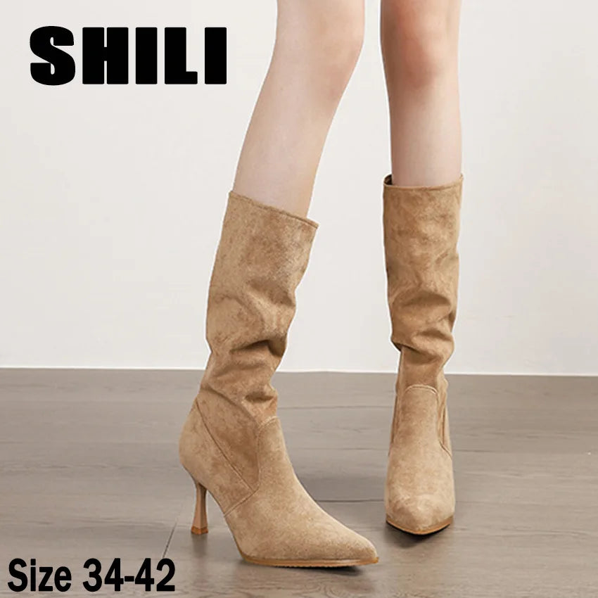 Zapatos De Mujer Winter Women Knee-High Boots Street Pointed Toe Thin High Heels Faux Suede Ladies Shoes Long Botas De Mujer