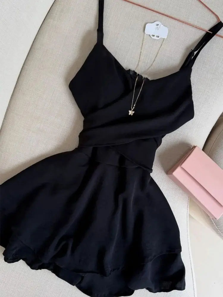 Vintage Summer Sexy Women Spaghetti Strap Dress Sleeveless Ruffles Layered V-Neck Dress Backless Slim Fitting Skirt Solid Dress