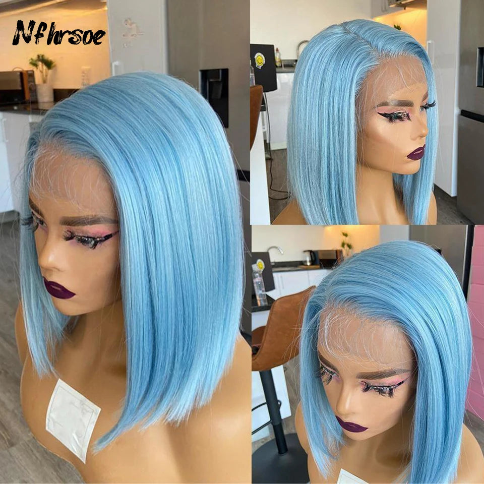 Brazilian Colored Human Hair Wig For Women Light Blue Short Straight Bob Transparent Lace Frontal Wigs For Women Pre Plucked