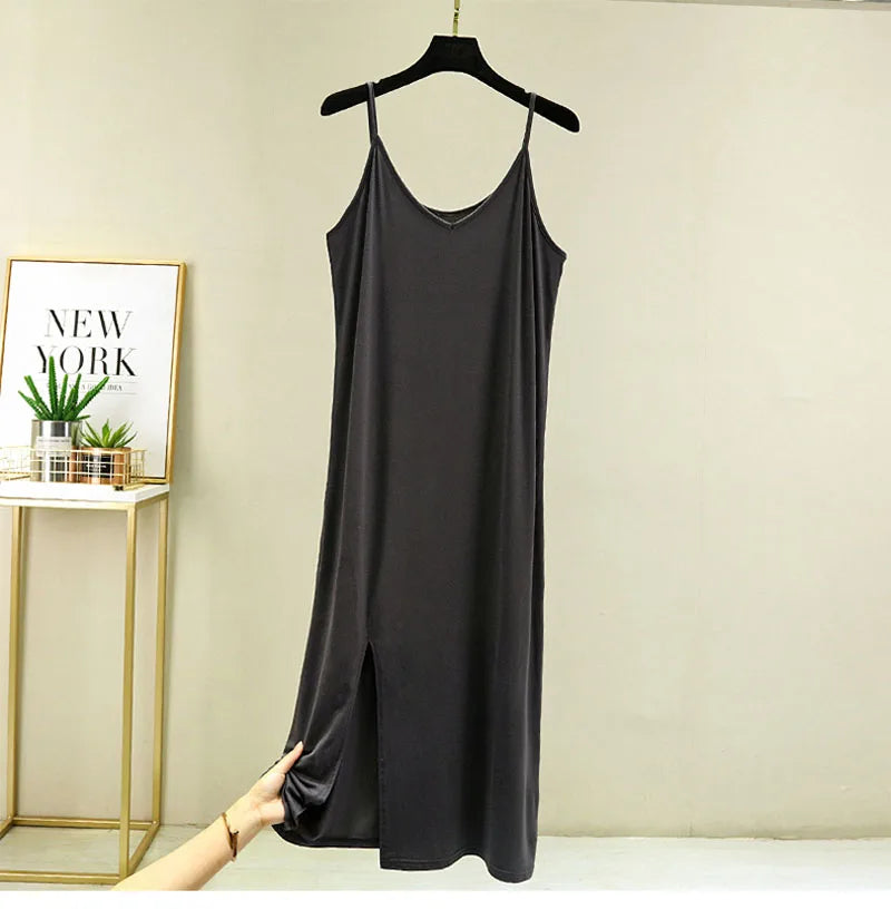 Women Summer Dresses Casual V Neck Full Under Slip Dress Spaghetti Strap Seamless Loose Split Bottming Thin All-Match Dress