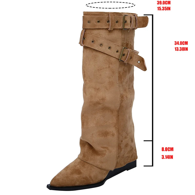 Faux Suede Knee High Western Boots Women 2026 Autumn Buckle Strap Pointed Toe Cowboy Boots Woman High Heel Khaki Long Booties
