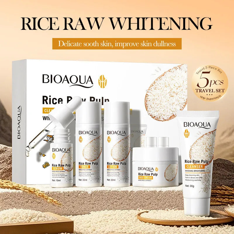 5pcs BIOAOUA Rice Raw Whitening Set Brighten Hydrating Moisturize Soothing Facial Cleanser+toner+essence+lotion+cream Skincare