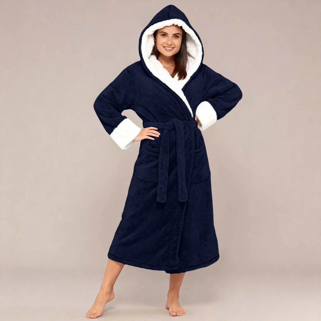 Women Hooded Bathrobe Adjustable Waistband Nightgown Mid Length Lady Homewear Bathrobe For Winter Thick Fleece Warm Lace Up