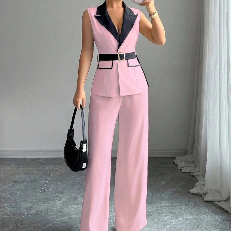 Fashion women's clothing with elegant style, V-neck, waist-revealing, sleeveless top, straight-leg pants. 2-piece set jacket set