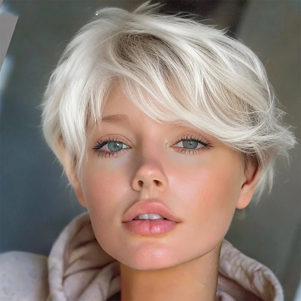 Platinum Blonde Short Pixie Cut Wigs Human Hair Layered Straight Human Hair Wigs with Bangs Soft Hair for Women Machine Made Cap