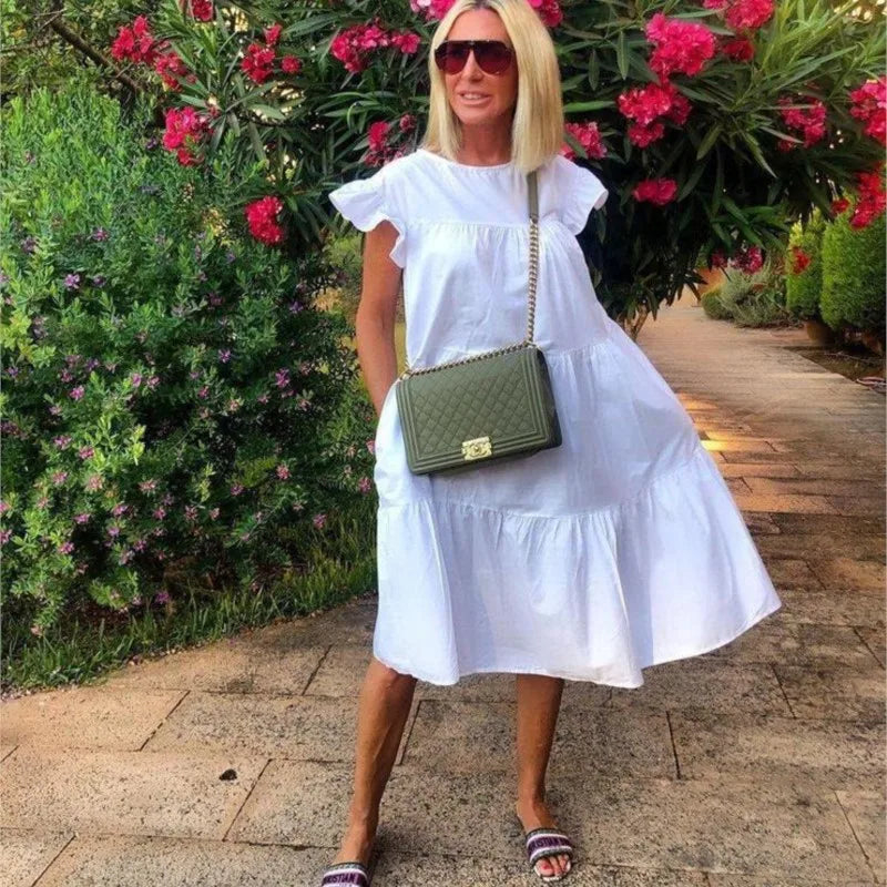 New Women's Summer Ruff Sundress Elegant Casual Party Beach Vintage Swing Midi Dress 2023 Solid Bohemian Oversized Vestidos Robe