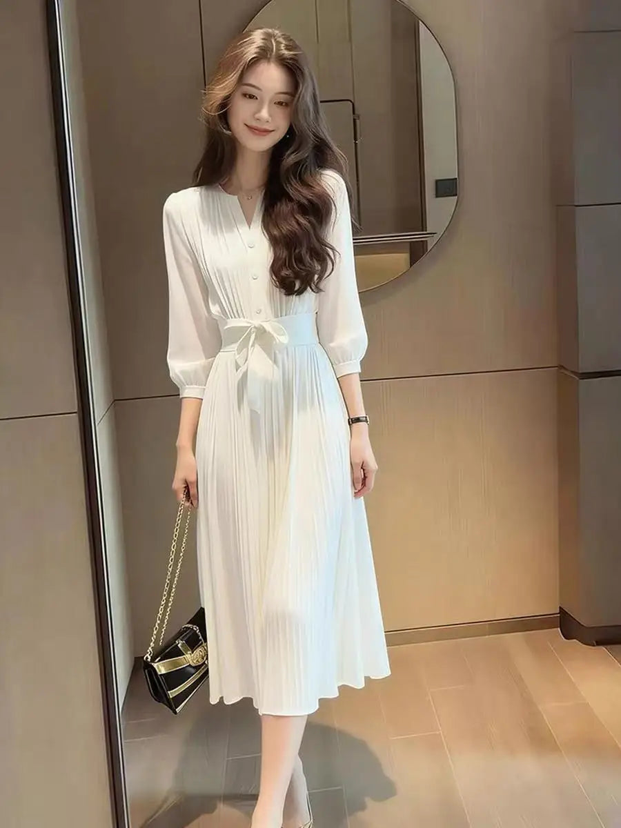 Temperament White Chiffon Dress Women 2026 Spring Summer New Fashion Vestidos Unique Beautiful Elegant Simple Ladies Dresses