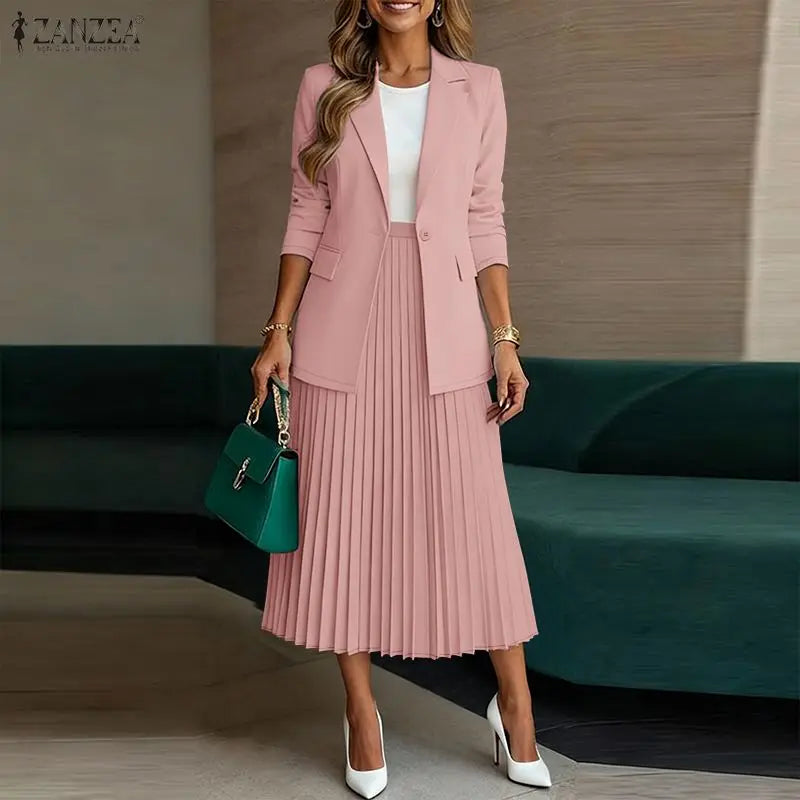 Women's Elegant Office Wear Skirt Suits Long Sleeve Blazer & A-Line Pleated Skirt 2 Pieces Sets ZANZEA Fashion Skirt Sets Outfit