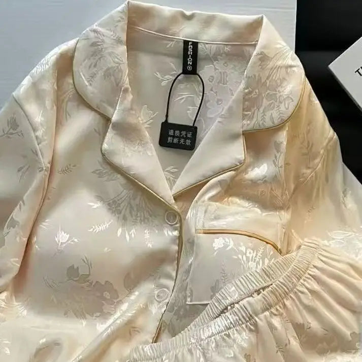 Silk Pajamas For Women's Set Pyjamas Summer Flower Print Short Sleeve Buttons Lapel Tops & Long Pants Nightwear Home Clothes