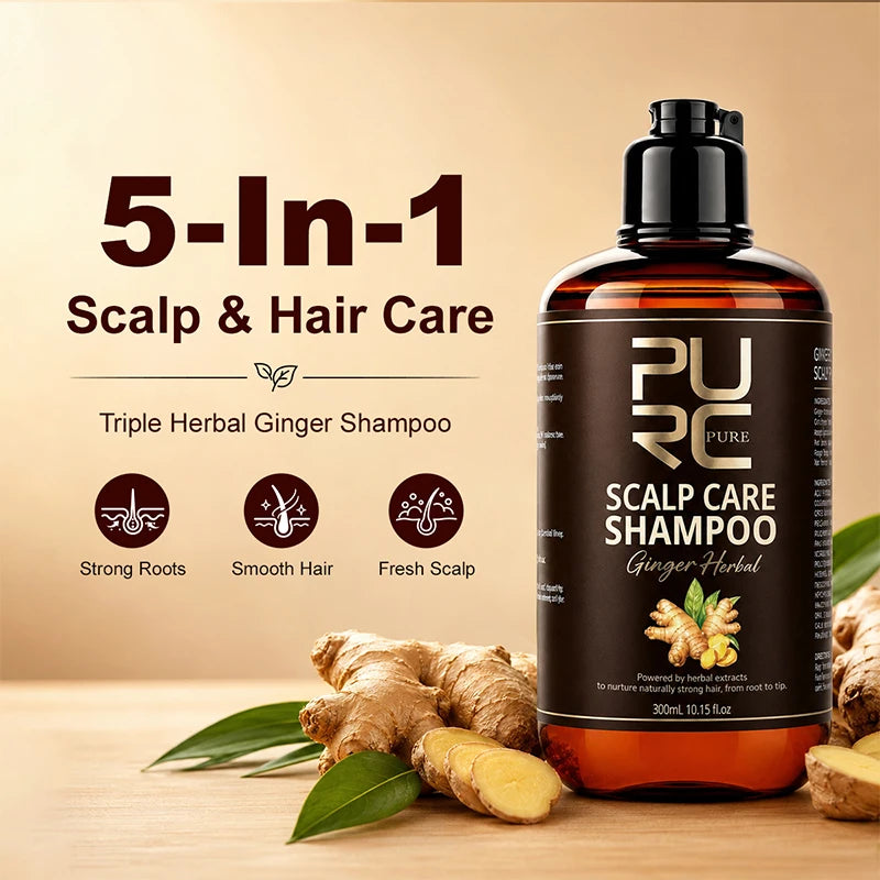 PURC 300ml 5 In 1 Shampoo for hair Natural Ginger Herbal Anti Dandruff Shampoo for Promote Hair Growth and Deeply Nourish