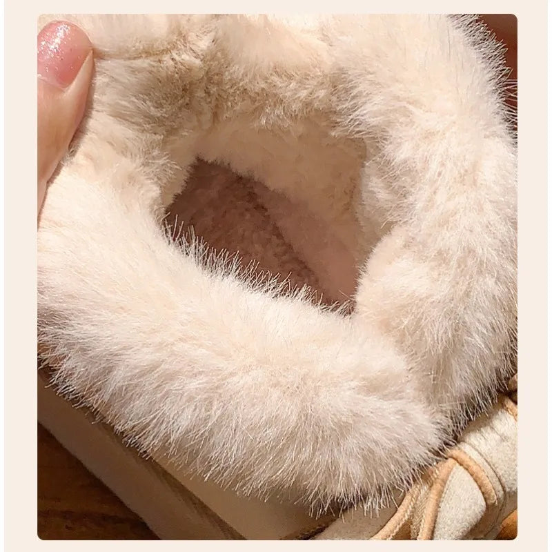 Women Platform Snow Booties Elegant Bow Ornament Furry Fur Trim Warm Plush Lining Anti‑Slip Casual Winter Ankle Boots