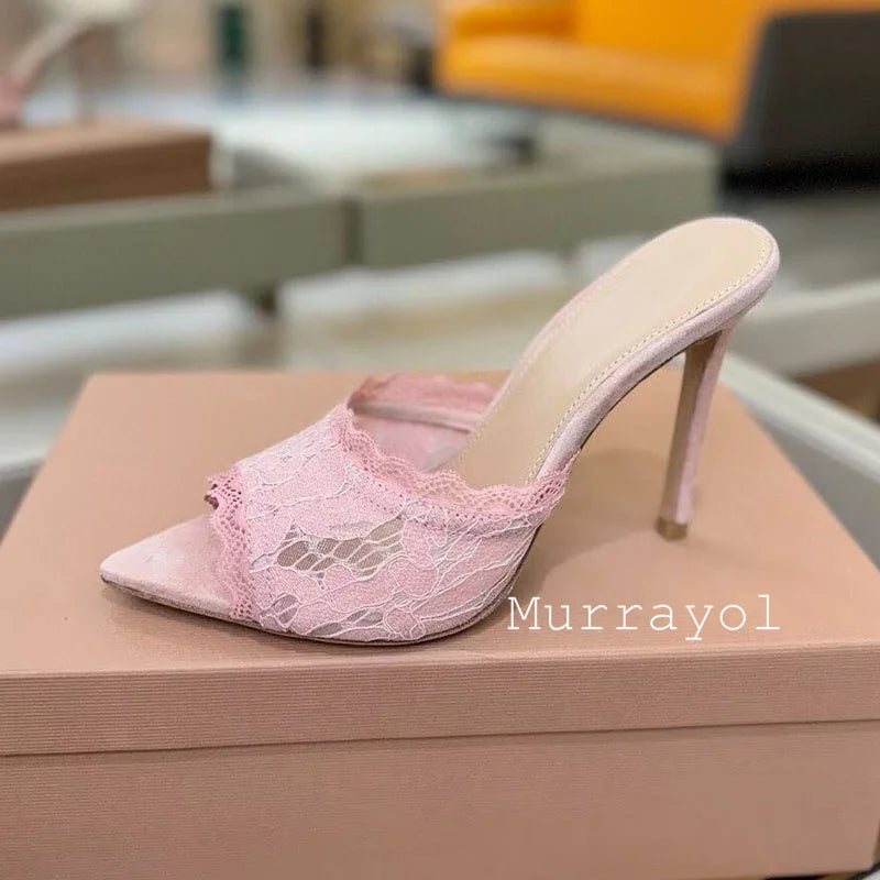 Slippers Women Mesh Gauze Pointed Toe Thin High Heels Sandals Summer Party Dress Sandalias Ladies Lace Stiletto Zapatos De Mujer