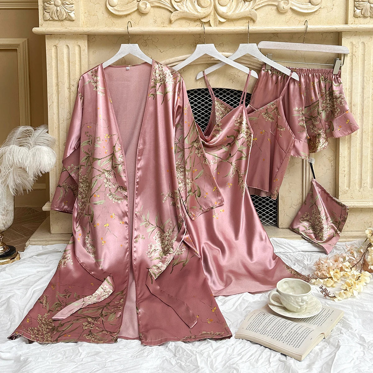 4PC Silk Robe Sleep Suit Womens Lace Satin Pajamas Gown Set V-Neck Cami Nighties Wear Pijama Home Nightwear Spring Nightdress