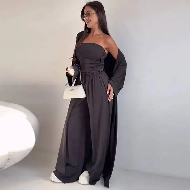 Summer Women's Clothing Casual 3Pcs Strapless Vest Long Cardigan Wide-Leg Pants Suit Lady Elegant Office Wear Outfits for Female