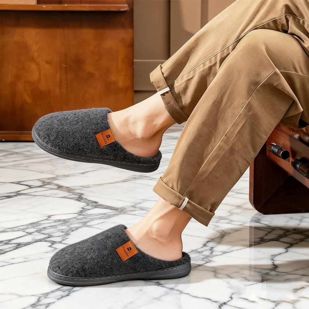 House Slippers for Men Warm TPR Non Slip Felt Soft Memory Foam Cushion Indoor Shoes Winter Comfortable