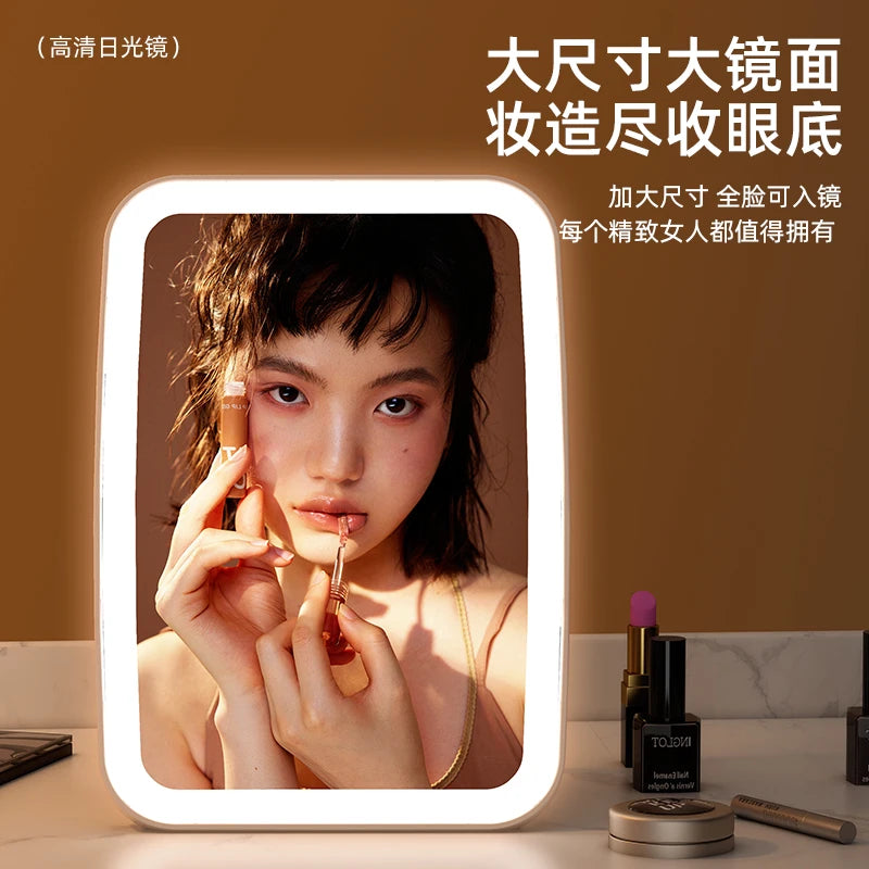 LED makeup mirror with light, battery-operated desktop foldable small makeup mirror for female students