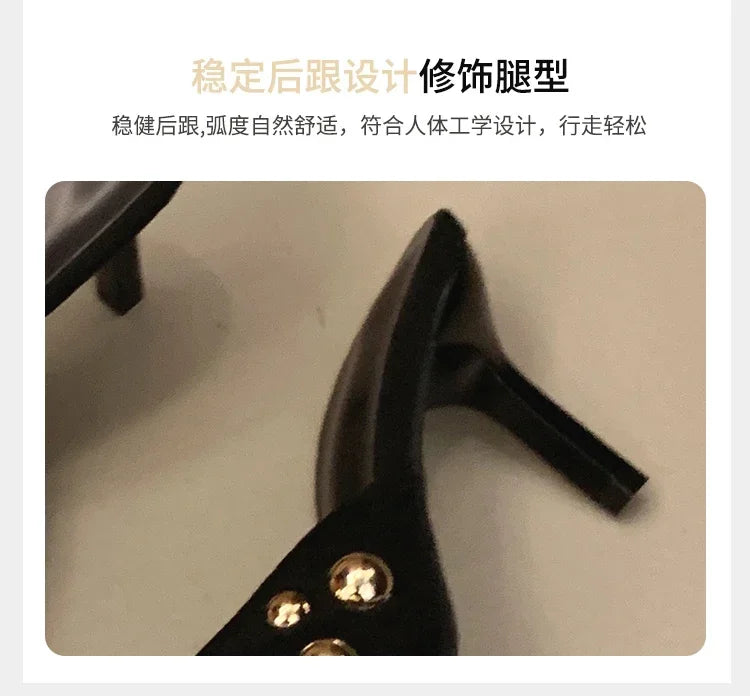 2026 Summer New Women's Shoes Black Velvet Effect Studded Backless One-foot Stiletto Sandals Women's High Heels Zapatos De Mujer