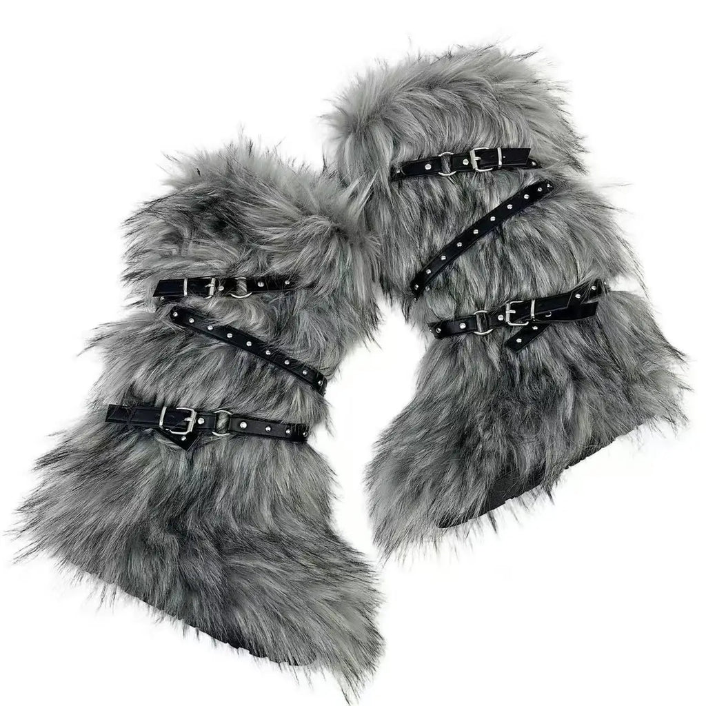 Y2K Subculture Hottie Sexy Women Knee High Boots Fur Snow Boots Punk Rivet Straps Buckle Height Increase Botas De Invierno Mujer