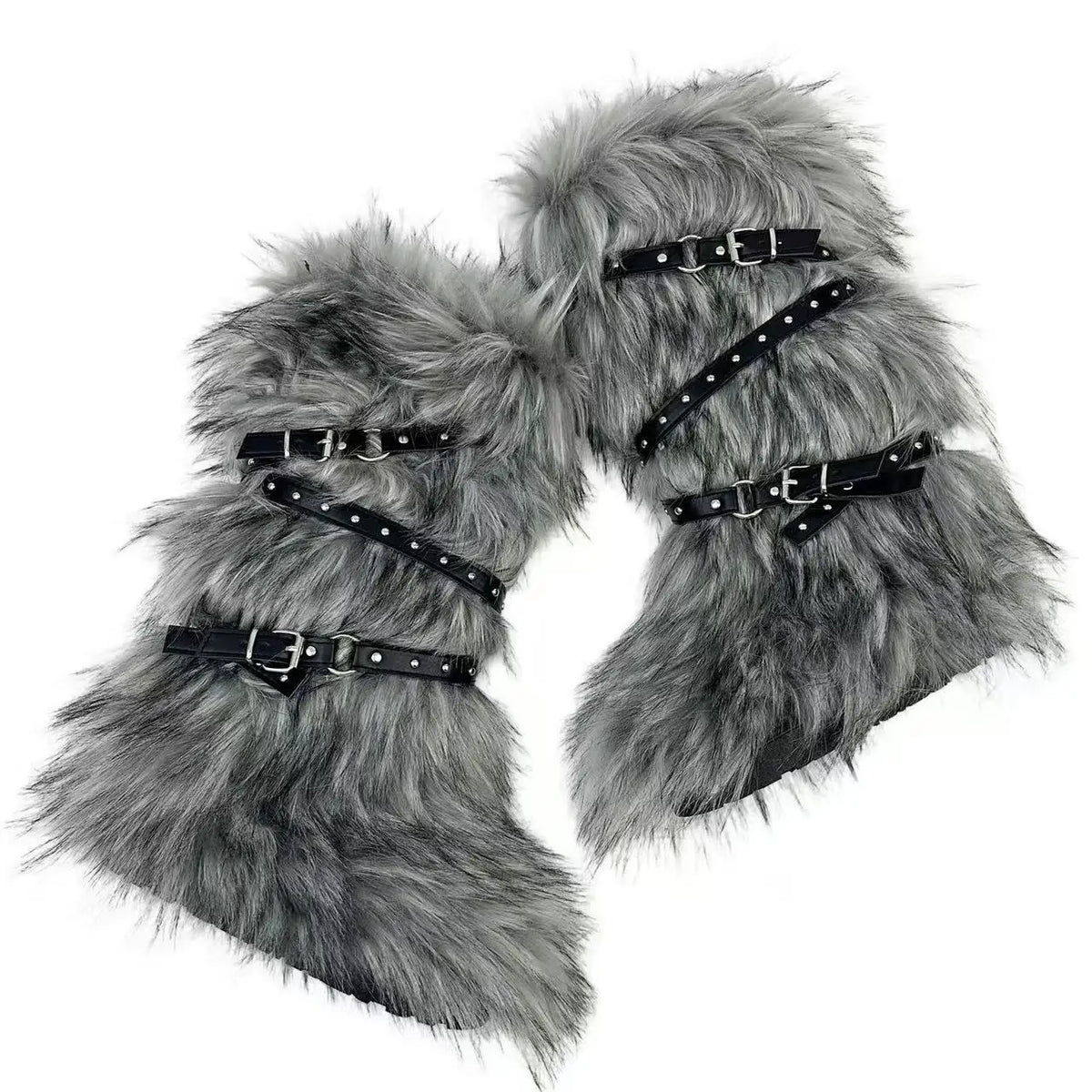 Y2K Subculture Hottie Sexy Women Knee High Boots Fur Snow Boots Punk Rivet Straps Buckle Height Increase Botas De Invierno Mujer