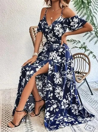 Summer Women's Clothing V Neck Floral Print Casual Wear Elegant Party Dress For Woman Polyester Maxi Slip With Elastic Waist