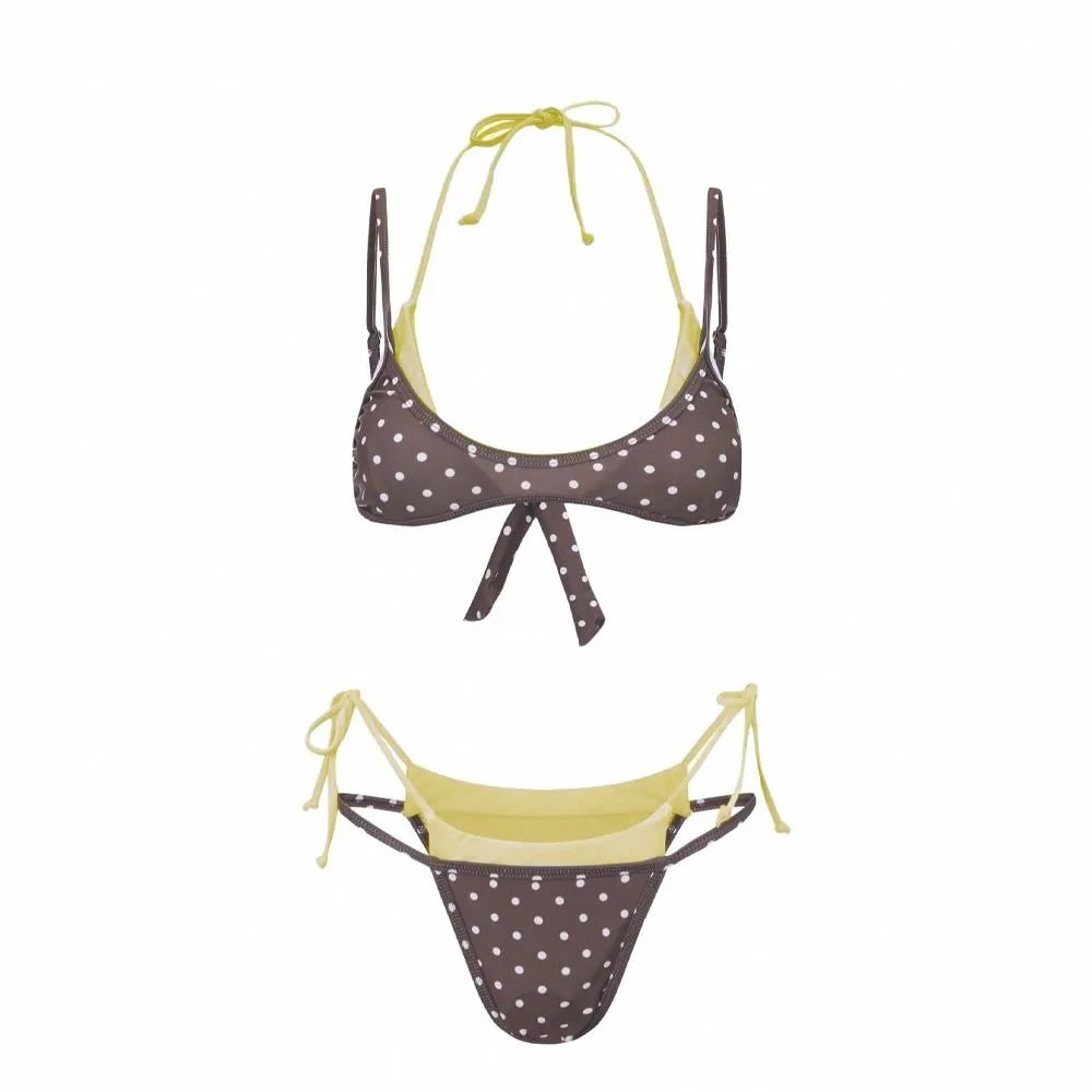 Bathing Suits Polka Dot Halter Bikini Set Low Waist Lace-up Summer Beachwear Deep V Patchwork Women Swimsuits Casual