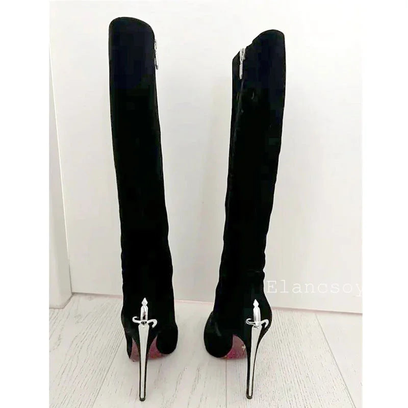 Runway Botas Sexy Black Suede Leather Knee-High Boots Super High Heels Women Autumn Winter Pointed Toe Strange Heels Long Boots