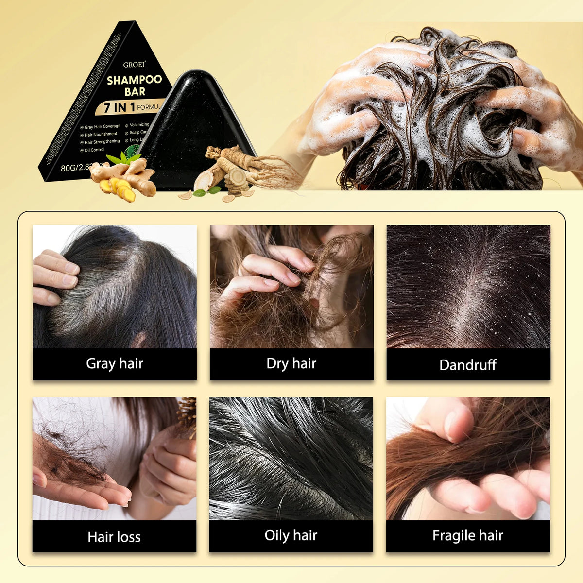 80g Black Herbal Shampoo Bar 7 In 1 Natural Plant Extract Oil Control Nourish Scalp Hair Solid Shampoo Care