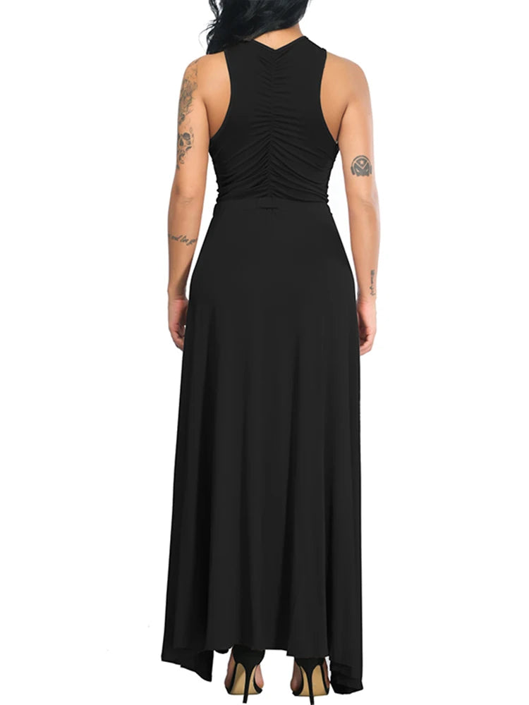 Black Solid Sleeveless Dresses Women Summer Party Bodycon Hollow Out Sexy V Neck Split Maxi Dresses Open Waist Long Vestidos