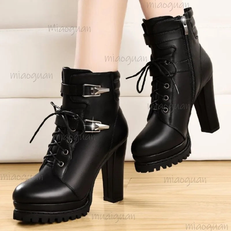 Women's Fashion Super High Heels Ankle Boots Autumn Winter Platform Booties Woman Buckle Decor PU Leather Short Botas Mujer