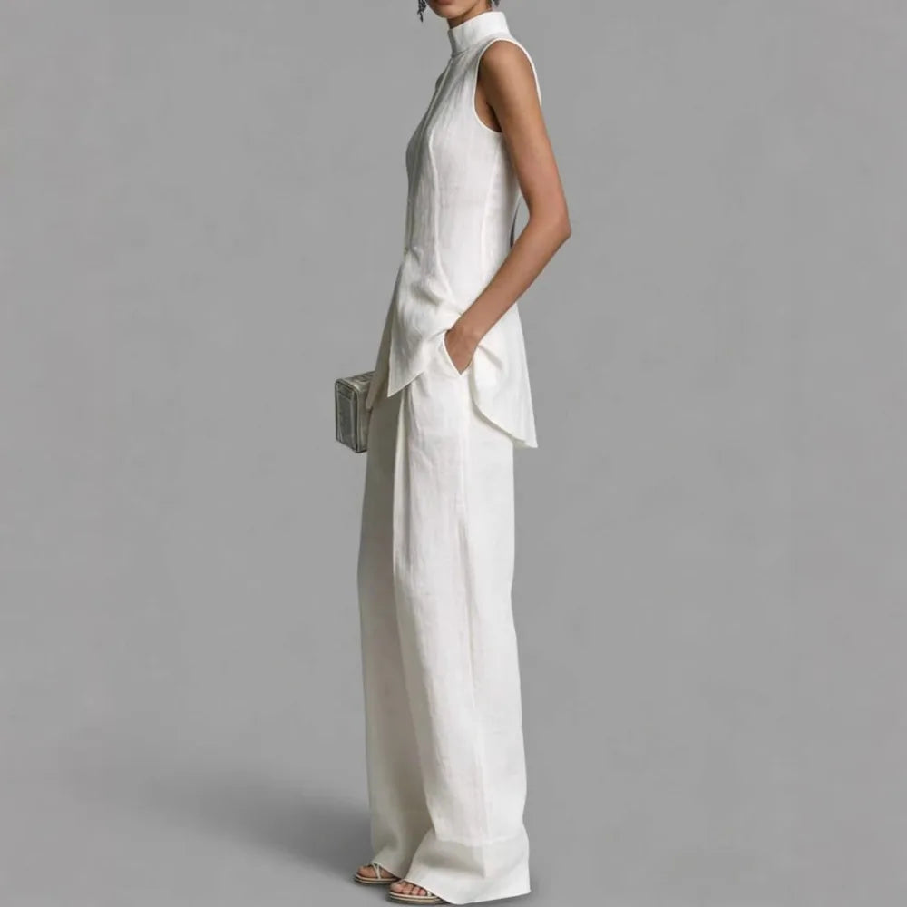 2026 Elegant Office Lady Commuting Simple Suit 2 Pieces Set Straight Pants Split Sleeveless Tops A Line High Collar Fashion Y2K