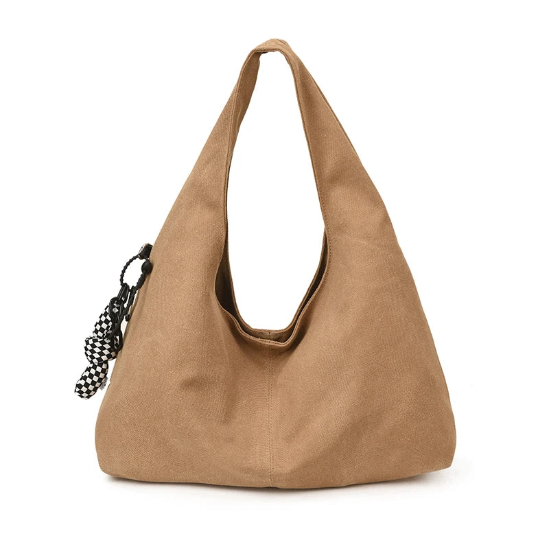 High Quality Big Tote Bags For Women Canvas Fabric Solid Color Large Capacity Underarm Shopper Shoulder Hobo Bag With Pendant