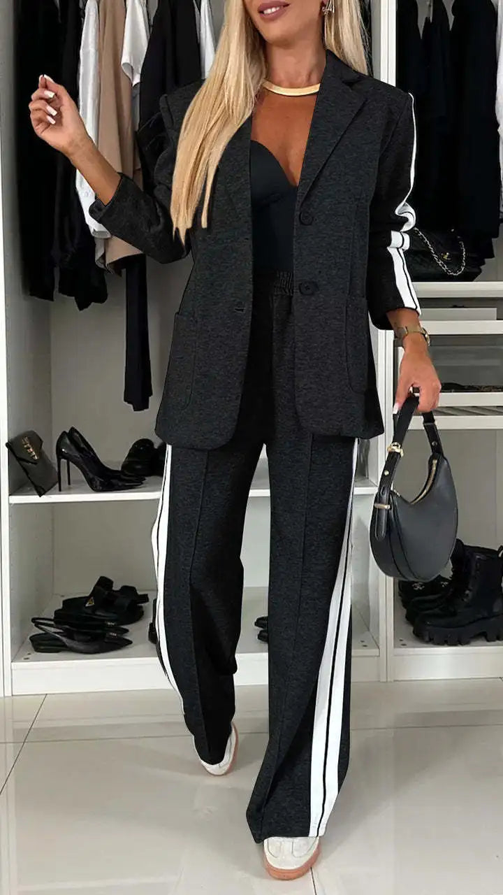 Female Office Blazer 2 Piece Sets Autumn And Winter New Long Sleeves Suit Women's Suit Fashion Pimp Stitching Pants Pocket Suit