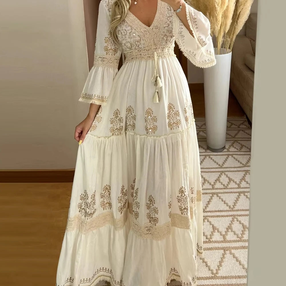 Women's Summer Boho Floral Print Long Dress Sexy V-Neck Dresses Female Beach Holiday Flowy Dress Ladies Elegant Vintage Vestidos