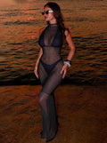 Women Summer Bodycon Dress Beach See Cover Up Hollow Out Beachwear  Without Underwear Sheer Mesh Fishnet Music festival Swimsuit