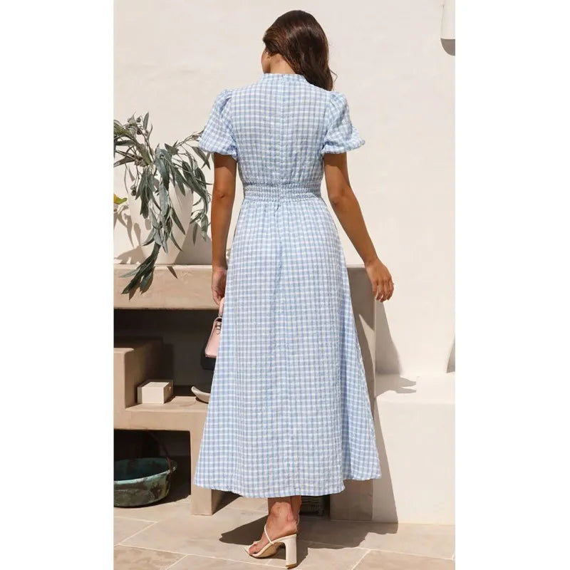 Woman Summer Elegant Midi Dress Sexy Deep V-neck Puffed Sleeves Simple Style High Waist Dresses Lady Solid Color Sweet Vestidos