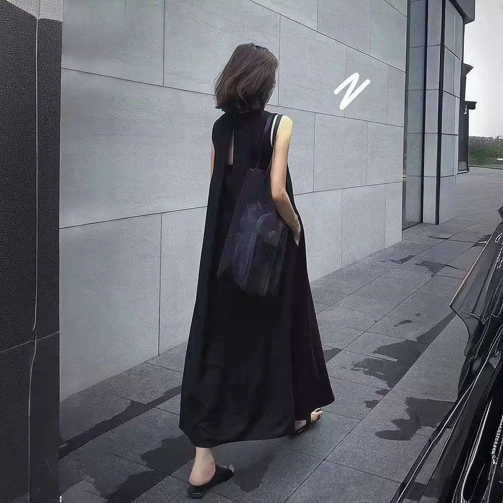 Elegant Solid Summer Sleeveless Dress Round Neck Hollowed Out Vocation Vest Dresses Beachwear Simple Open Back Long Dress Party